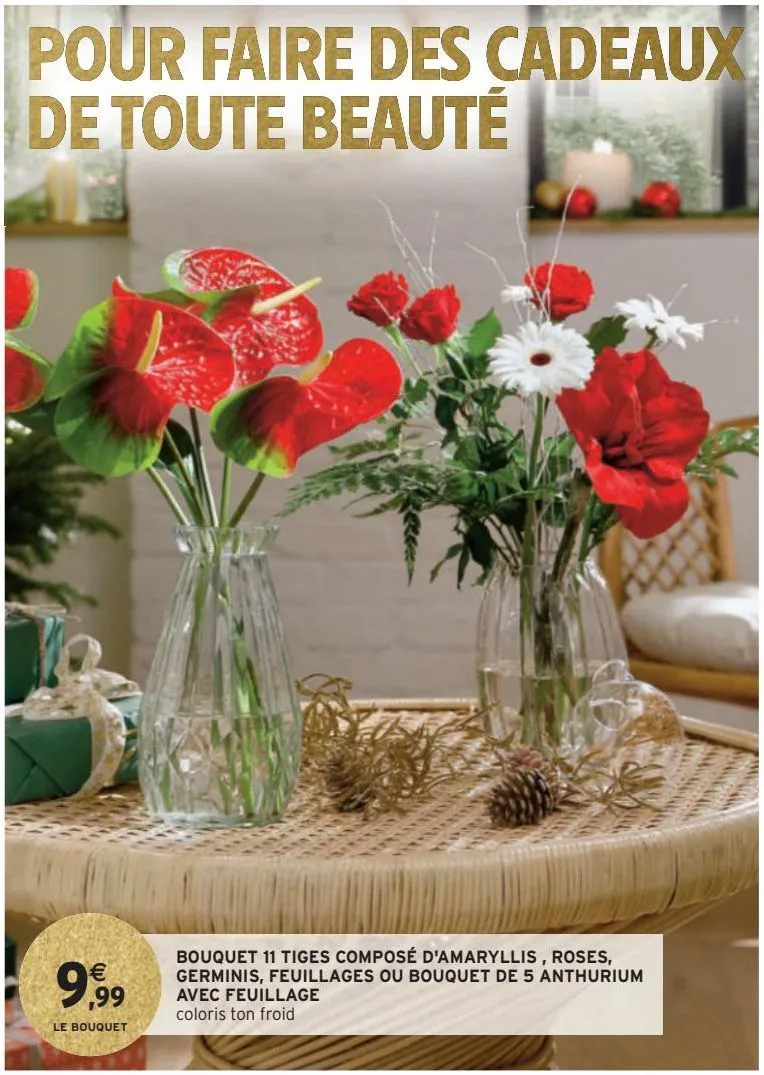 bouquet 11 tiges composé d'amaryllis , roses, germinis, feuillages ou bouquet de 5 anthurium avec feuillage