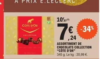 cote d'or  collection  10,97  7€ -34%  ,24 assortiment de chocolats collection "côte d'or" 345 g. le kg: 20,99 €. 