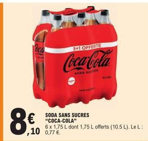 oca  8€  ,10 0,77 €.  5+1 OFFERTE  Coca-Cola  SANS SUCREE  SODA SANS SUCRES "COCA-COLA"  6 x 1,75 L dont 1,75 L offerts (10.5 L). Le L: 