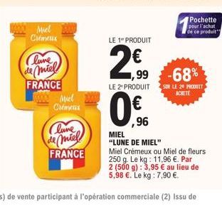 Miel Cldrens  Clave  de miel FRANCE  Miel Crémeus  Clune de miel FRANCE  LE 1" PRODUIT  2,€0  LE 2º PRODUIT  0  1,99 -68%  ,96  Pochette pour l'achat de ce produit  SUR LE 20 PRODUIT ACHETE  MIEL  "LU