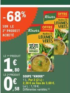 -68%  SUR LE 2 PRODUIT ACHETÉ  LE 1" PRODUIT  1  1,80  Knorr  100%  MANT NATURELS  Knorr  Mordine de  LEGUMES  OFFRE VERTS  Mondine de  LEGUMES VERTS  SOUPE "KNORR"  1 L. Par 2 (2 L): 2,38 € au lieu d