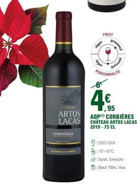 CORBIÈRES  CHATEAU  ARTOS LACAS  FRUIT  leger  léget  promence  PERSONNALITE  Puissant  2022-2024  16-18°C  Syrah, Grenache  | Boeuf, Pâtes, Veau  4€  ,95 AOP) CORBIÈRES CHÂTEAU ARTOS LACAS  2019-75 C