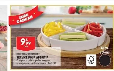 idée cadeau  999  dat  home creation kitchen service pour apéritif comprend: 4 coupelles en grès et un plateau en bambou certifié fsc.  ✓  fsc  autre coloris 