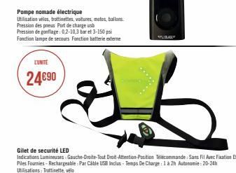 Pompe nomade électrique  Utilisation vélos, trottinettes, voitures, motos, ballons. Pression des pneus Port de charge usb  Pression de gonflage: 0,2-10,3 bar et 3-150 psi Fonction lampe de secours Fon