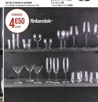 Lot de 3 verres à cocktail En cristallin transparent contenance 18cl  A PARTIR DE  4€50 finlandek  LE LOT  ou 24cl à 10€  ou en flütes 17c à 9€50 