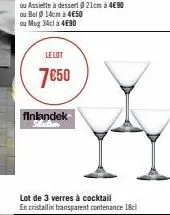 le lot  7€50  finlandek  lot de 3 verres à cocktail en cristallin transparent contenance 18cl 