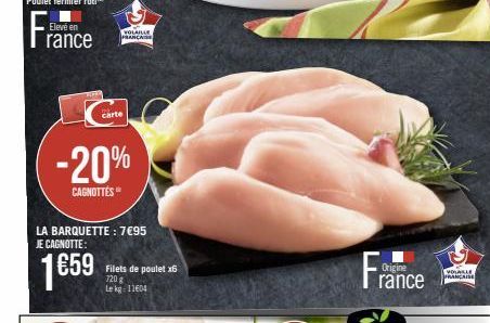 -20%  CAGNOTTES  VOLAILLE FRANÇAISE  carte  LA BARQUETTE : 7€95 JE CAGNOTTE:  1659  Filets de poulet x6  720 g Le kg: 11604  Origine  rance  VOLALLE  FRANÇAISE 