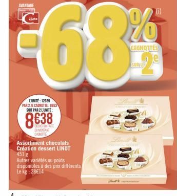 AVANTAGE  L'UNITÉ: 12069  PAR 2 JE CAGNOTTE: 8063 SOIT PAR 2 L'UNITÉ:  8€38  DELICTION FARE DUMONTANT CADMITTE  Assortiment chocolats Création dessert LINDT 451 g  Autres variétés ou poids. disponible