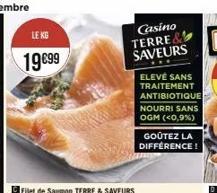 le kg  19€99  filet de saumon terre & saveurs  casino terre& saveurs  elevé sans traitement  antibiotique nourri sans ogm (<0,9%)  goûtez la différence! 