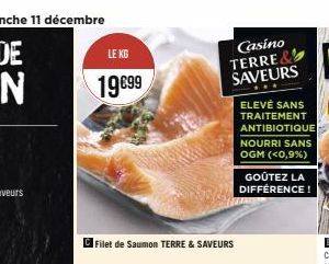 LE KG  19€99  Filet de Saumon TERRE & SAVEURS  Casino TERRE& SAVEURS  ELEVÉ SANS TRAITEMENT  ANTIBIOTIQUE NOURRI SANS OGM (<0,9%)  GOÛTEZ LA DIFFÉRENCE! 