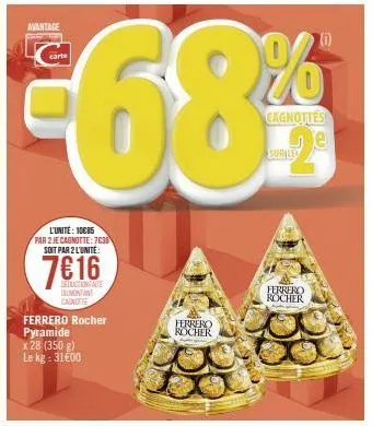 avantage  €68%  carte  l'unité: 10085  par 2 je cagnotte: 7038 soit par 2 l'unité:  hicone  dumontant canotte  ferrero rocher pyramide  x 28 (350 g)  le kg: 31600  ferrero rocher  cagnottes  surile  f