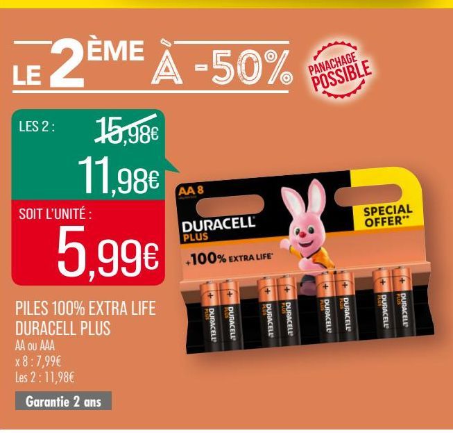 PILES 100% EXTRA LIFE DURACELL PLUS  