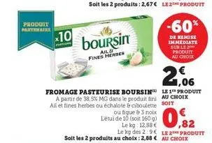 produit  10  boursin  ail& fines herbes  fromage pasteurise boursin" a partir de 38,5% mg dans le produit find ail et fines herbes ou échalote & ciboulette  outique & 3 noix  l'étui de 10 (soit 160 g)