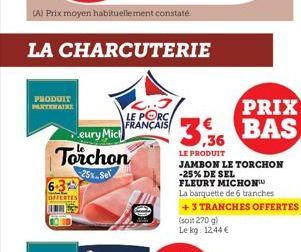 PHODUIT PARTENAIRE  (A) Prix moyen habituellement constaté.  eury Mic Torchon  25% Sel  LA CHARCUTERIE  LE PORC FRANÇAIS  PRIX  3.36 BAS  LE PRODUIT  JAMBON LE TORCHON -25% DE SEL  FLEURY MICHON™ La b