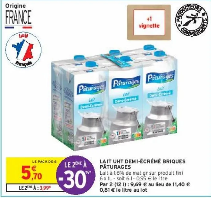 lait uht demi-écrémé briques pâturages