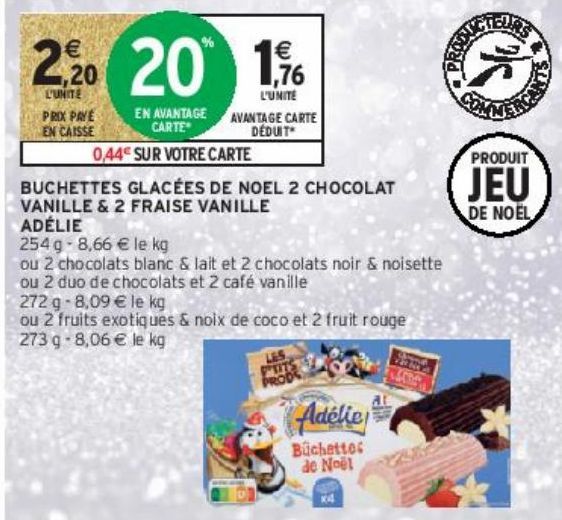BUCHETTES GLACÉES DE NOEL 2 CHOCOLAT VANILLE & 2 FRAISE VANILLE ADÉLIE