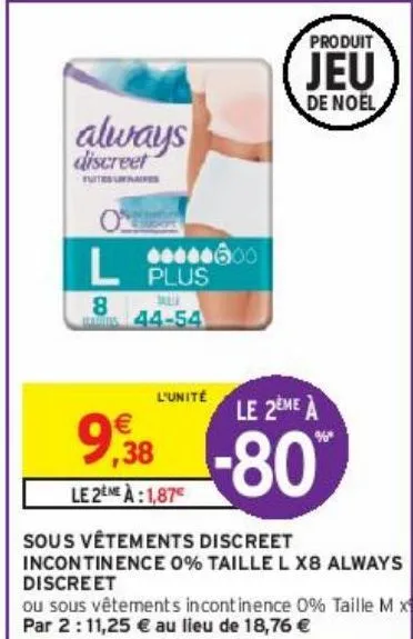 sous vêtements discreet incontinence 0% taille l x8 always discreet