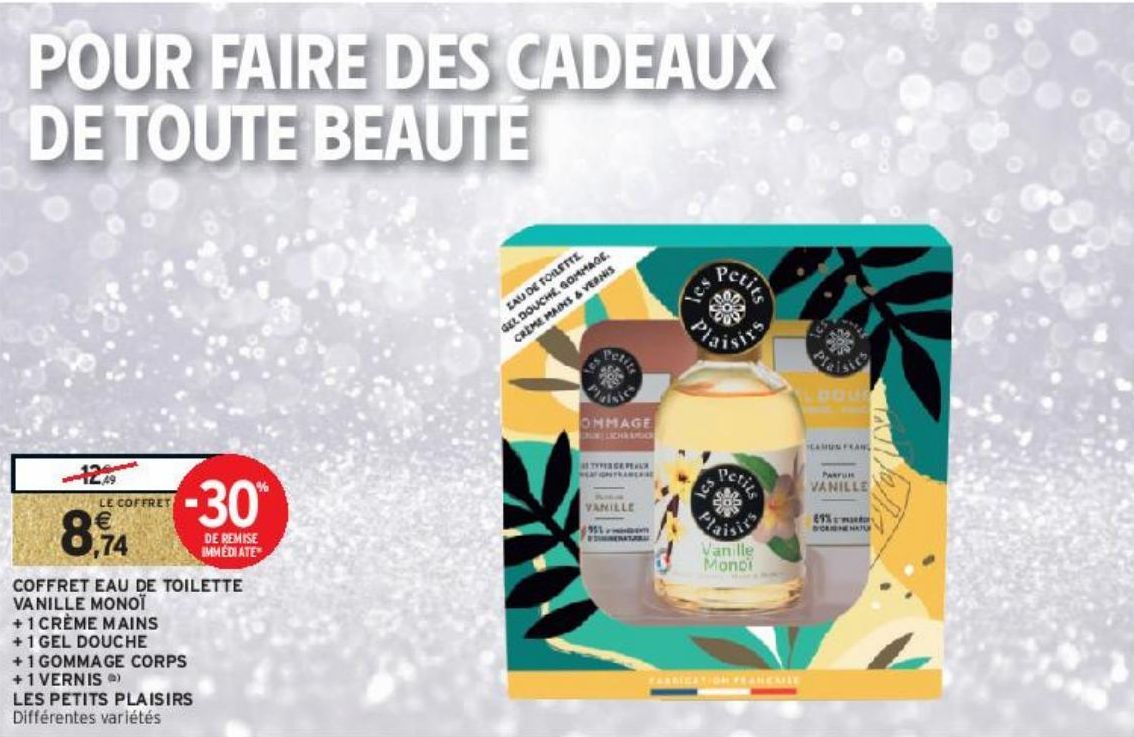 COFFRET EAU DE TOILETTE VANILLE MONOÏ + 1 CRÈME MAINS + 1 GEL DOUCHE + 1 GOMMAGE CORPS + 1 VERNIS (b) LES PETITS PLAISIRS