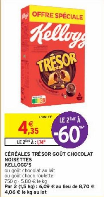 CÉRÉALES TRÉSOR GOÛT CHOCOLAT NOISETTES KELLOGG'S