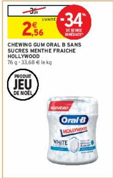 CHEWING GUM ORAL B SANS SUCRES MENTHE FRAICHE HOLLYWOOD