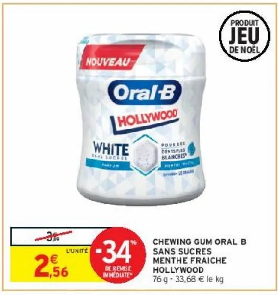 chewing gum oral b sans sucres menthe fraiche hollywood