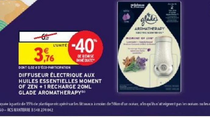 DIFFUSEUR ÉLECTRIQUE AUX HUILES ESSENTIELLES MOMENT OF ZEN + 1 RECHARGE 20ML GLADE AROMATHERAPY