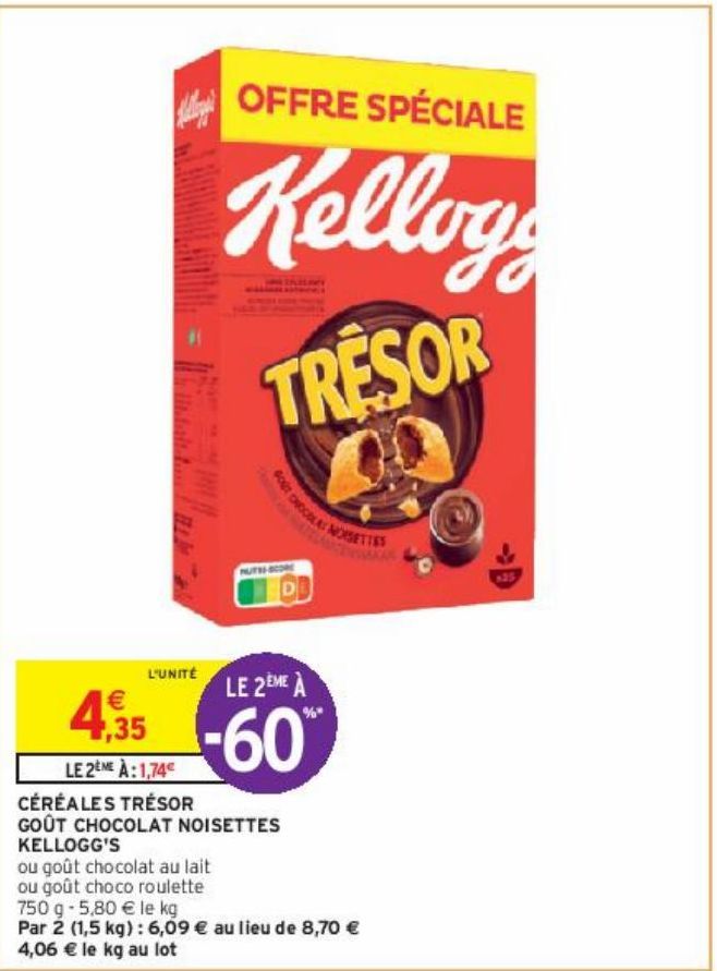 CÉRÉALES TRÉSOR GOÛT CHOCOLAT NOISETTES KELLOGG'S