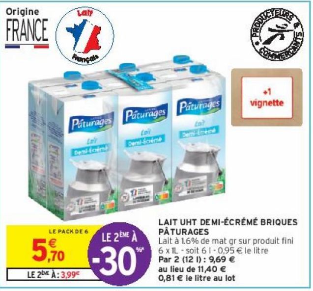 LAIT UHT DEMI-ÉCRÉMÉ BRIQUES PÂTURAGES