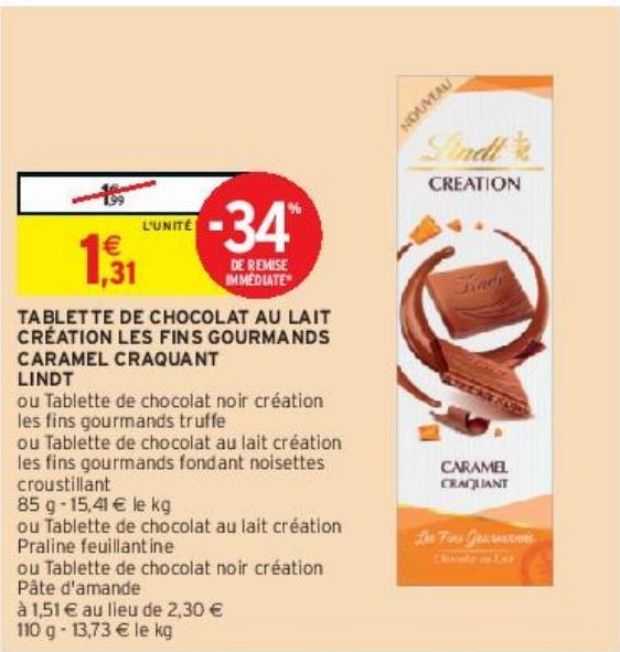 TABLETTE DE CHOCOLAT AU LAIT CRÉATION LES FINS GOURMANDS CARAMEL CRAQUANT LINDT