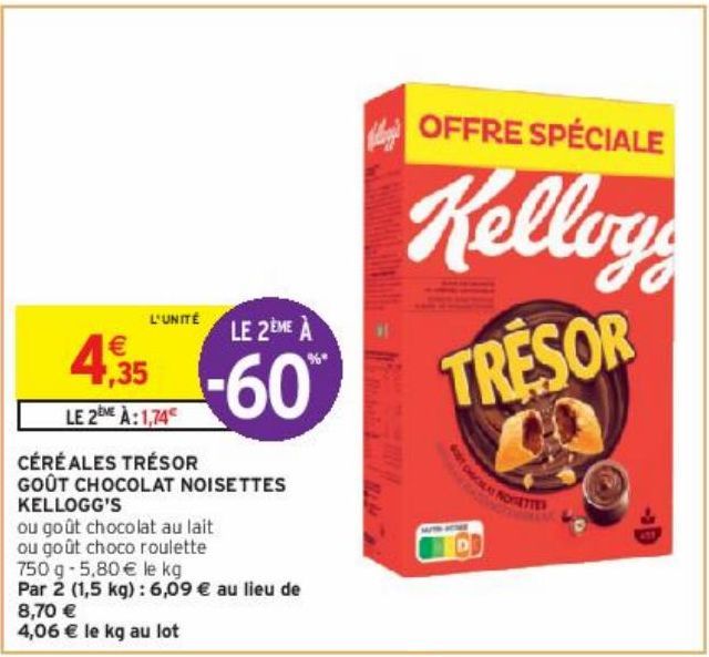 CÉRÉALES TRÉSOR GOÛT CHOCOLAT NOISETTES KELLOGG'S