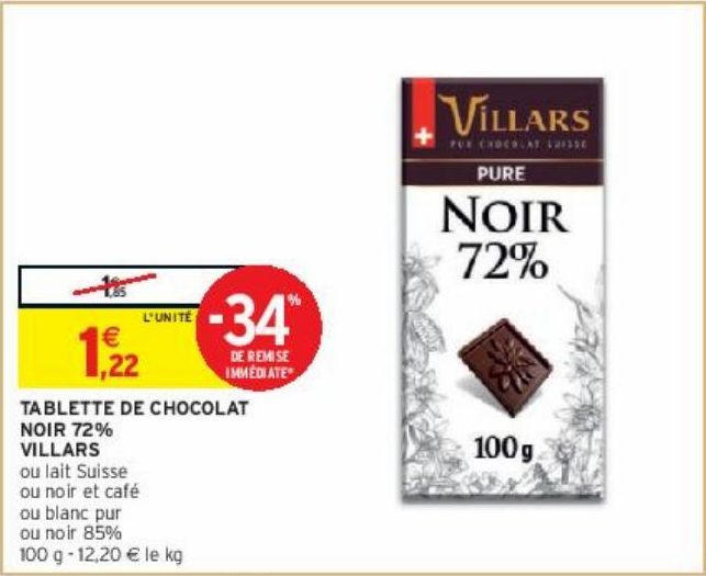 TABLETTE DE CHOCOLAT NOIR 72% VILLARS