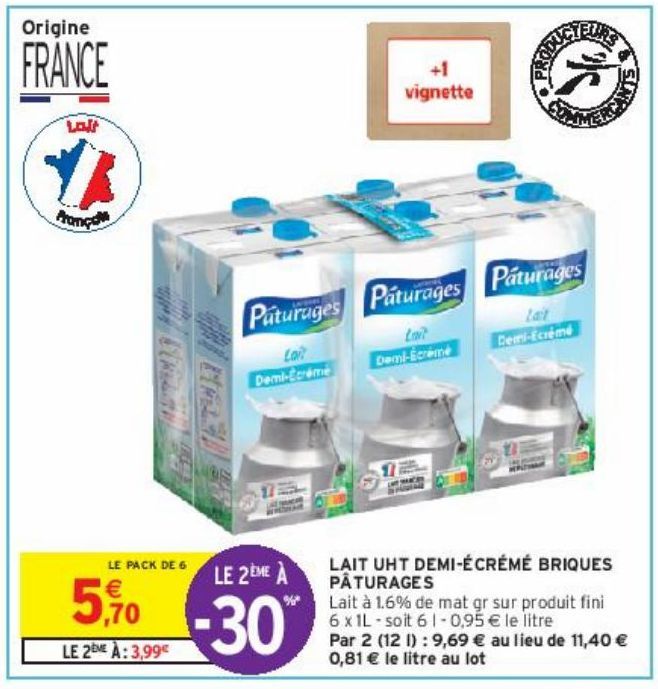 LAIT UHT DEMI-ÉCRÉMÉ BRIQUES PÂTURAGES