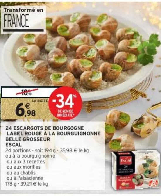 24 escargots de bourgogne label rouge à la bourguignonne belle grosseur escal