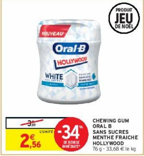 CHEWING GUM ORAL B SANS SUCRES MENTHE FRAICHE HOLLYWOOD