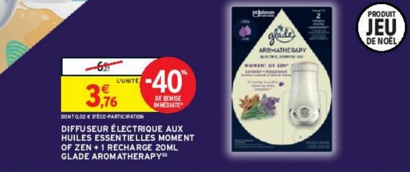 DIFFUSEUR ÉLECTRIQUE AUX HUILES ESSENTIELLES MOMENT OF ZEN + 1 RECHARGE 20ML GLADE AROMATHERAPY