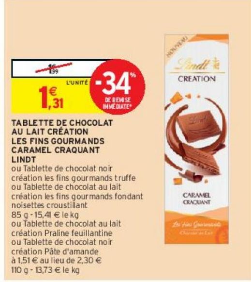 TABLETTE DE CHOCOLAT AU LAIT CRÉATION LES FINS GOURMANDS CARAMEL CRAQUANT LINDT