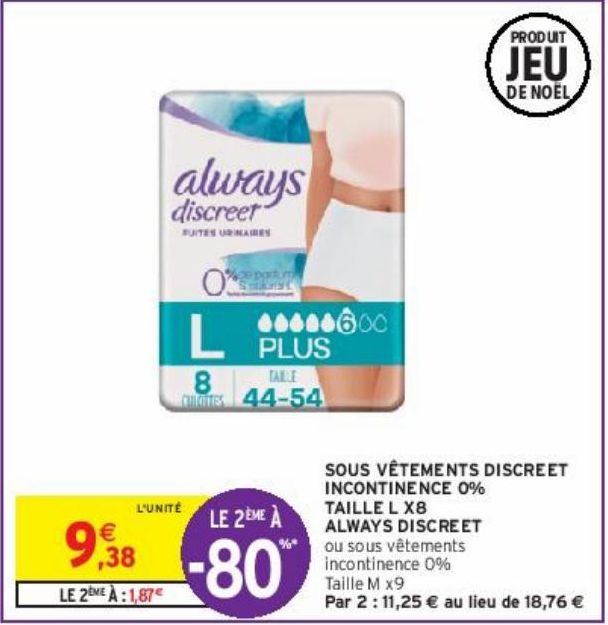 SOUS VÊTEMENTS DISCREET INCONTINENCE 0% TAILLE L X8 ALWAYS DISCREET