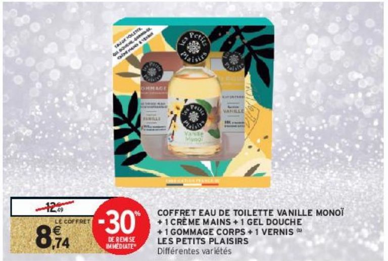 COFFRET EAU DE TOILETTE VANILLE MONOÏ + 1 CRÈME MAINS + 1 GEL DOUCHE + 1 GOMMAGE CORPS + 1 VERNIS (b) LES PETITS PLAISIRS