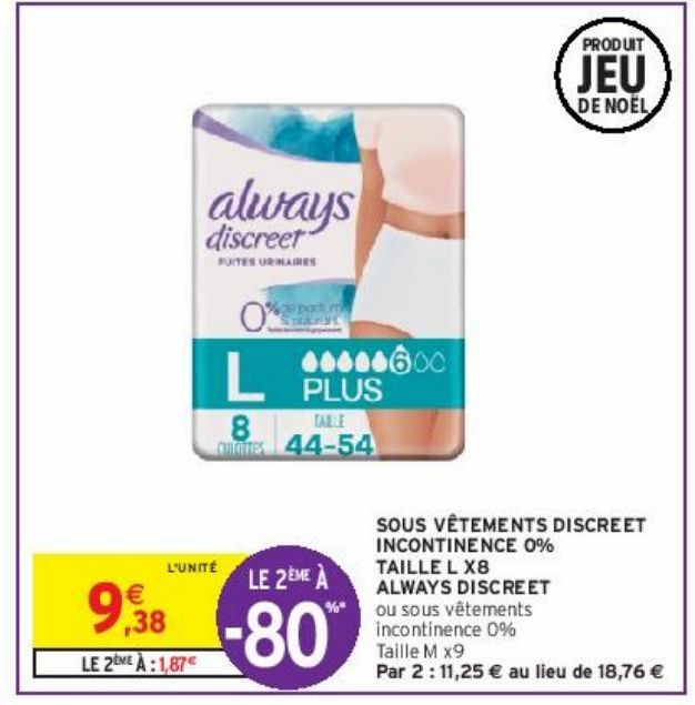 SOUS VÊTEMENTS DISCREET INCONTINENCE 0% TAILLE L X8 ALWAYS DISCREET