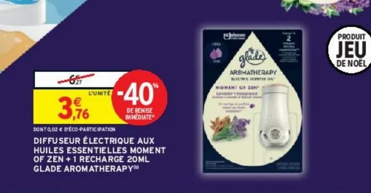 diffuseur électrique aux huiles essentielles moment of zen + 1 recharge 20ml glade aromatherapy(b)