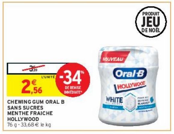 CHEWING GUM ORAL B SANS SUCRES MENTHE FRAICHE HOLLYWOOD 