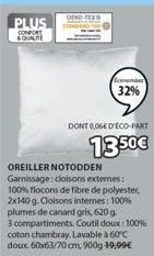 plus  comfort equalre  dend  oreiller notodden garnissage: cloisons externes: 100% flocons de fibre de polyester, 2x140 g. cloisons internes: 100%  plumes de canard gris, 620 g.  3 compartiments. cout