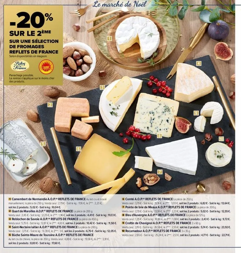 -20%  sur le 2ème sur une sélection de fromages reflets de france selon disponibilités en magasin  reflets france  panachage possible.  la remise s'applique sur le moins cher des produits.  5  le marc