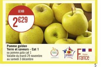 LE KG  2629  Pomme golden Terre et saveurs - Cat 1 ou pomme gala cat 1  Valable du mardi 29 novembre au samedi 3 décembre  Vers  POMMES DE FRANCE  France  5 