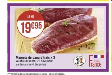 LE KG  19€95  Magrets de canard frais x 3 Valable du mardi 29 novembre au dimanche 4 décembre  (***) Potentiel de qualité exprimé par des étoiles - Détails en magasin.  Ope  Trance 