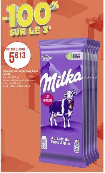 -100  SUR LE 3  SOIT PAR 3 L'UNITE:  5613  Chocolat au lait du Pays Alpin MILKA  6x100 g 1500 g  Autres varrêtés au poids disponibles  à des prix différents  Le kg: 12483- L'unité:7€70  Tendre  NE  LO