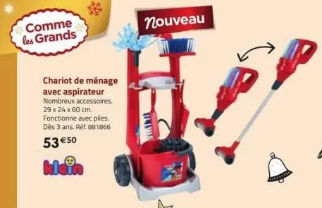 comme les grands  chariot de ménage avec aspirateur nombreux accessoires. 29 x 24 x 60 cm. fonctionne avec piles. dès 3 ans. réf. 881866  53 €50  klein  nouveau  illva  