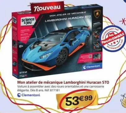 stema  science jeu  nouveau  mon atelier de mecanique lamborghini huracan sto  clementoni  mon atelier de mécanique lamborghini huracan sto voiture à assembler avec des roues orientables et une carros