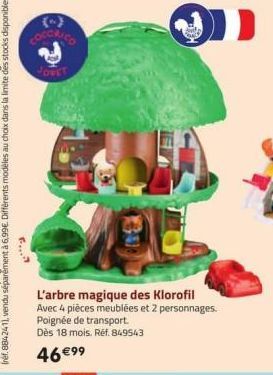 F.....  (-)  COCORICO  130  L'arbre magique des Klorofil  Avec 4 pièces meublées et 2 personnages.  Poignée de transport.  Dès 18 mois. Réf. 849543  46 €⁹⁹  J 