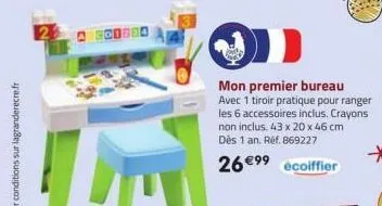 scisso  mon premier bureau avec 1 tiroir pratique pour ranger les 6 accessoires inclus. crayons non inclus. 43 x 20 x 46 cm dès 1 an. ref. 869227  26€99 ecoiffier 